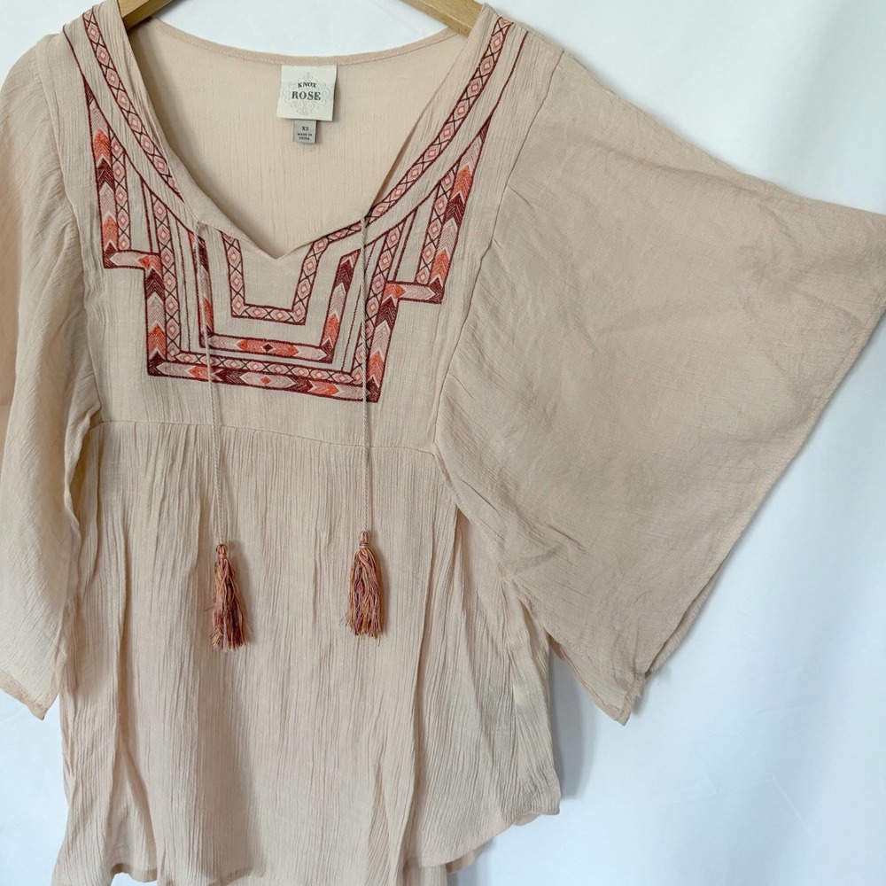 Knox Rose Embroidered XS Pink Blouse Peasant Boho Tassel Ethereal - Picture 5 of 9